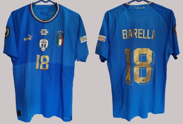 italia2021barella1L Italy Chiellini Jersey 2022 Player Issue Finalissima vs Argentina